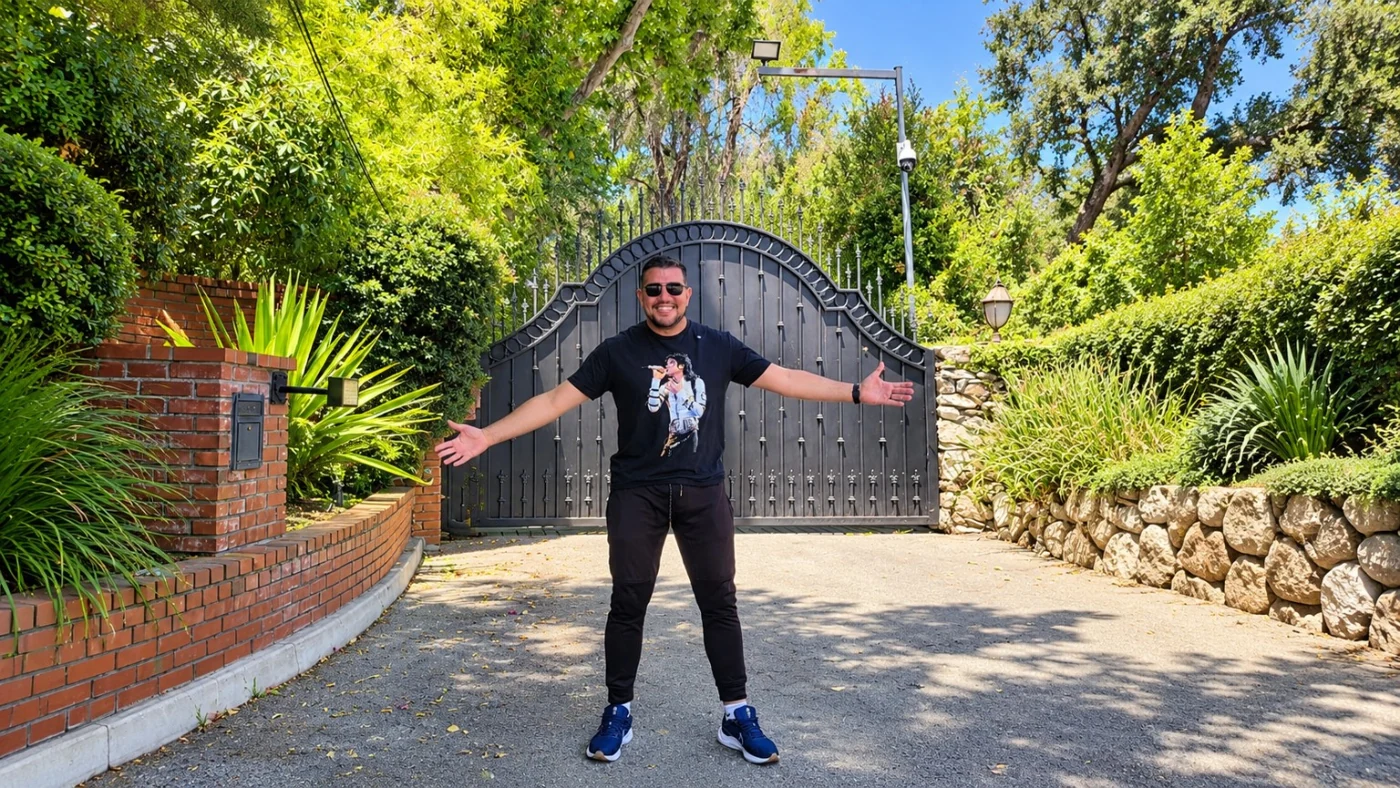 Visitante em frente ao portão da antiga residência da família Jackson em Encino