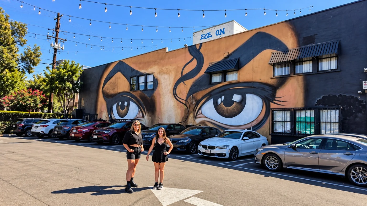 Visitantes em frente a mural artístico em Los Angeles