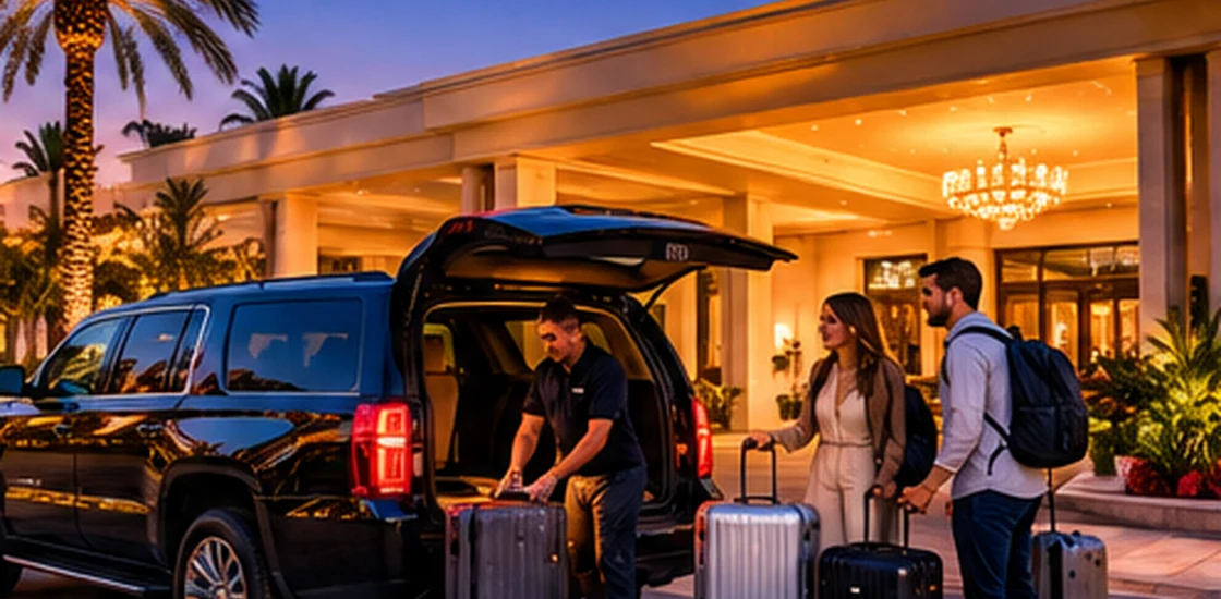 Ilustração de carro privativo chegando a hotel para transfer