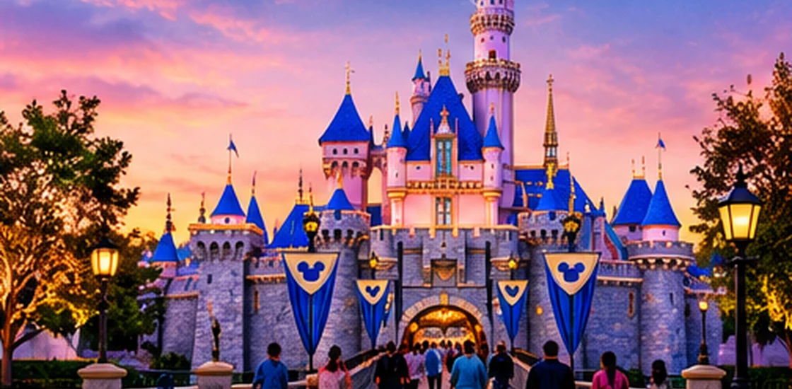 Ilustração colorida do castelo do Disneyland Resort ao entardecer