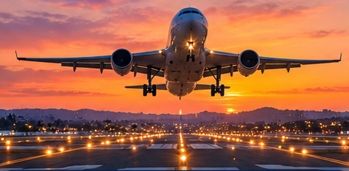 Ilustração de avião aproximando-se de pista ao pôr do sol