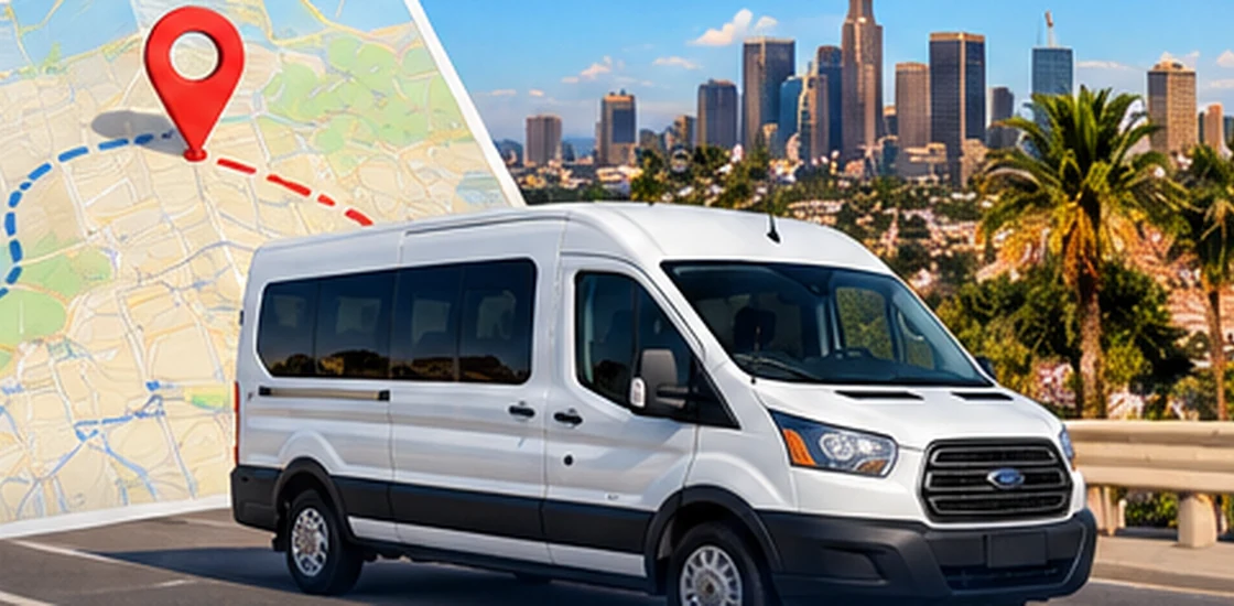 Ilustração de van de transfer em Los Angeles com rota personalizada