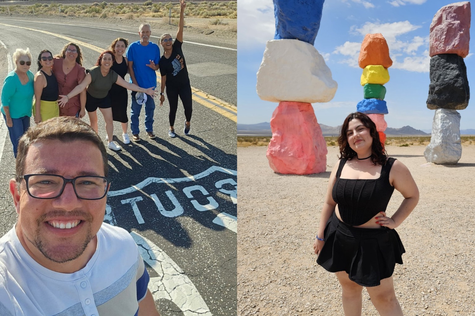 Paisagens do deserto — foto de grupo na estrada e Seven Magic Mountains